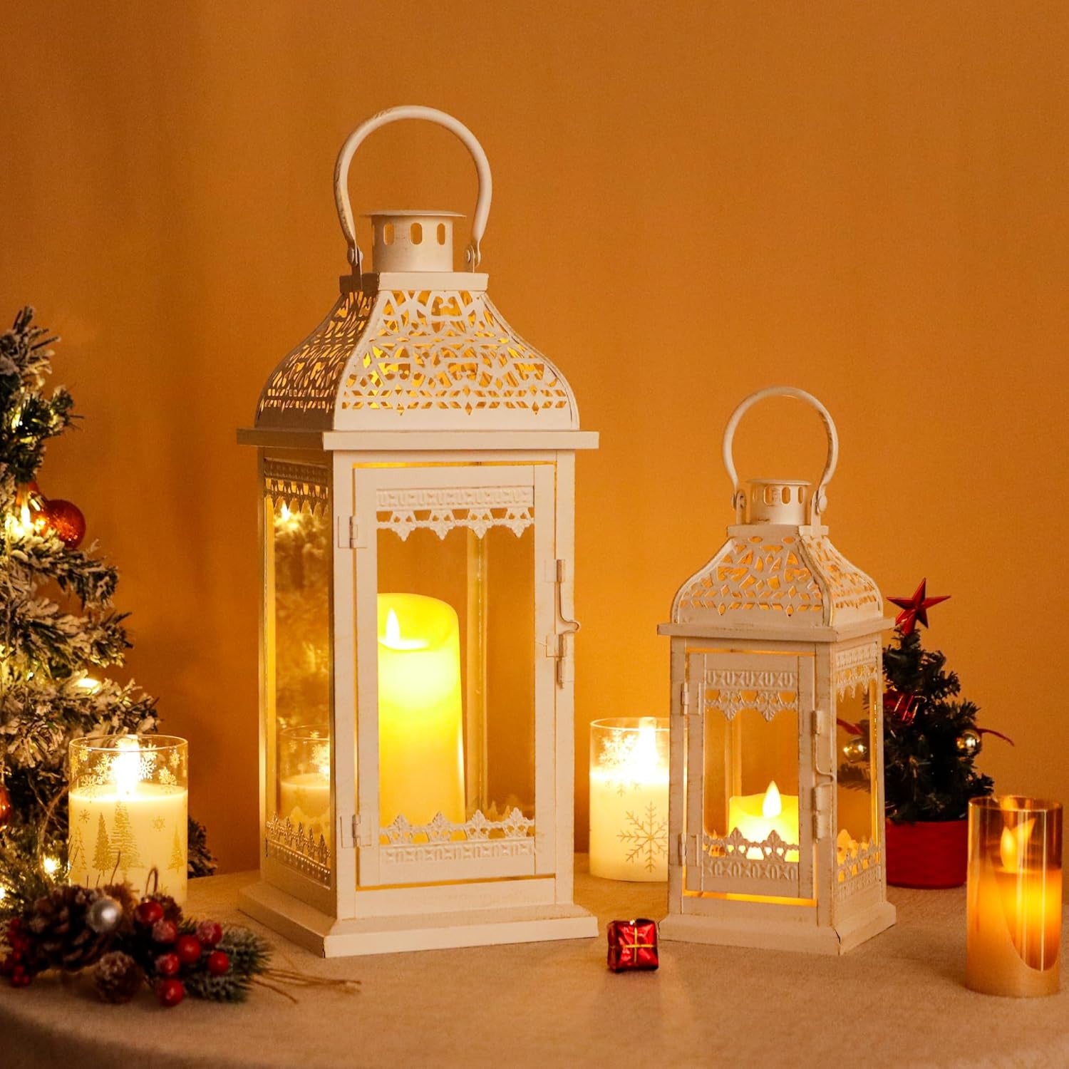 Set of Two Cream Distressed Filigree Metal Tabletop Lantern Candle Holders-7