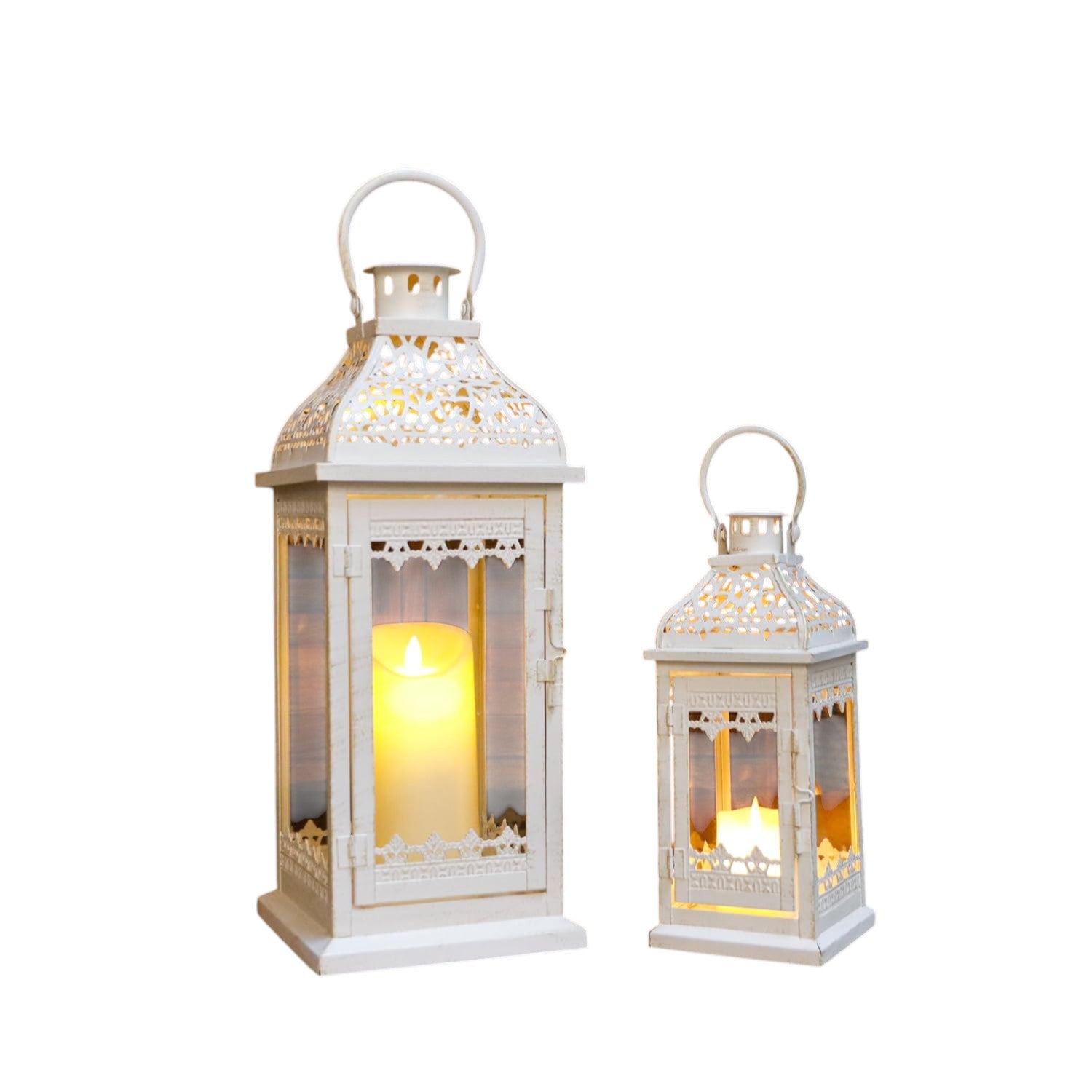 Set of Two Cream Distressed Filigree Metal Tabletop Lantern Candle Holders-1