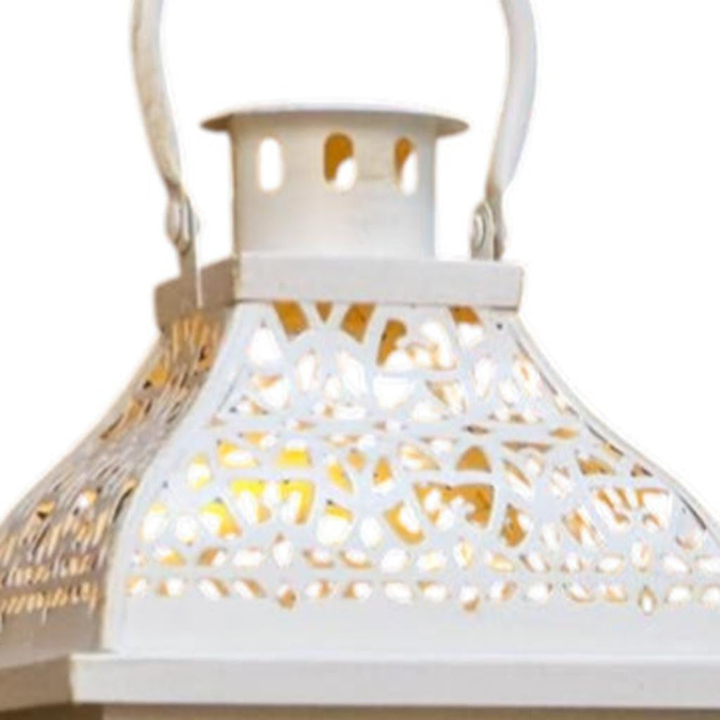 Set of Two Cream Distressed Filigree Metal Tabletop Lantern Candle Holders-2