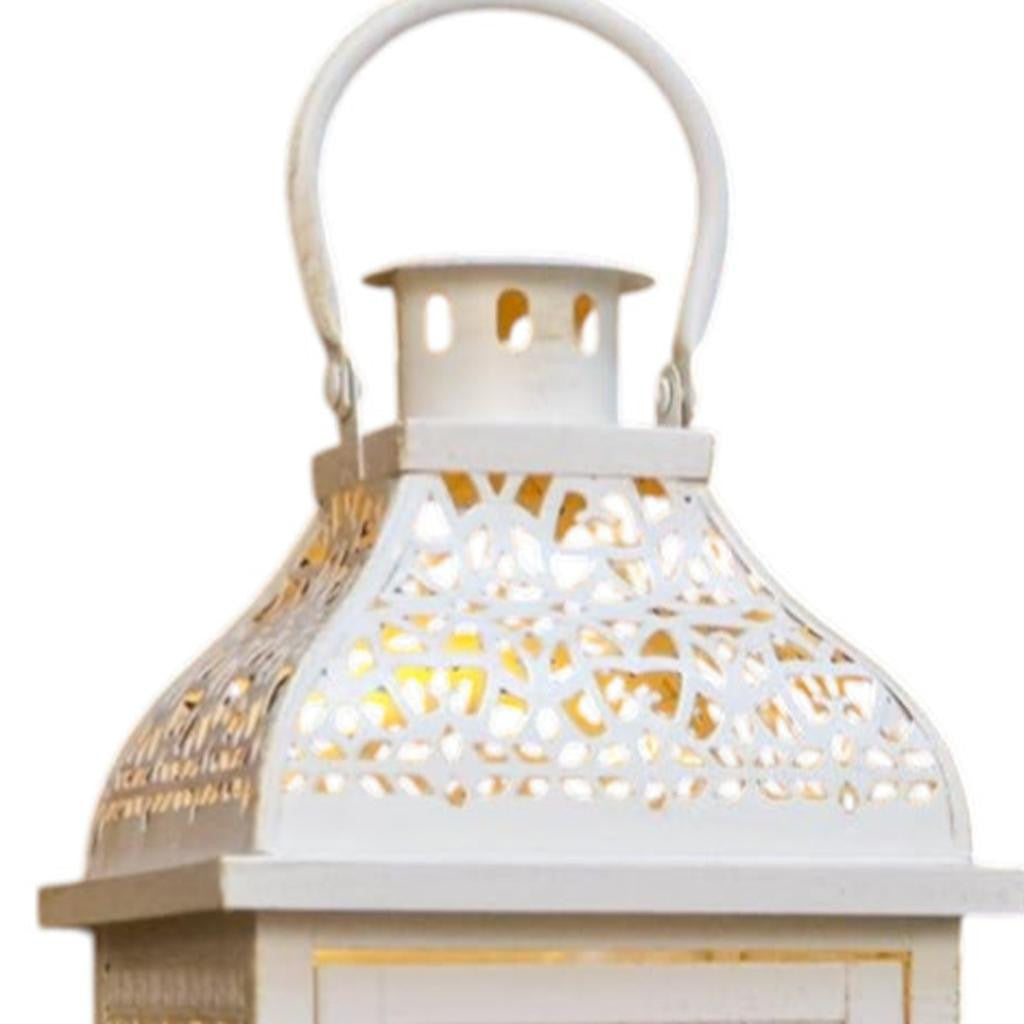 Set of Two Cream Distressed Filigree Metal Tabletop Lantern Candle Holders-3