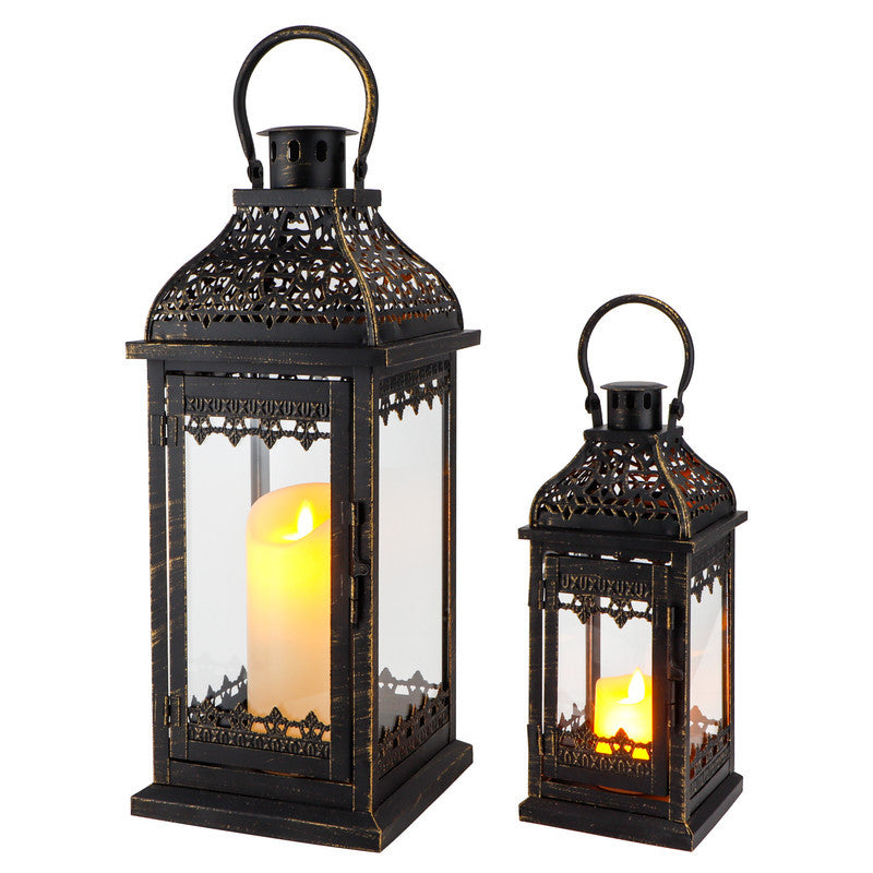 Set of Two Black Distressed Filigree Metal Tabletop Lantern Candle Holders-1