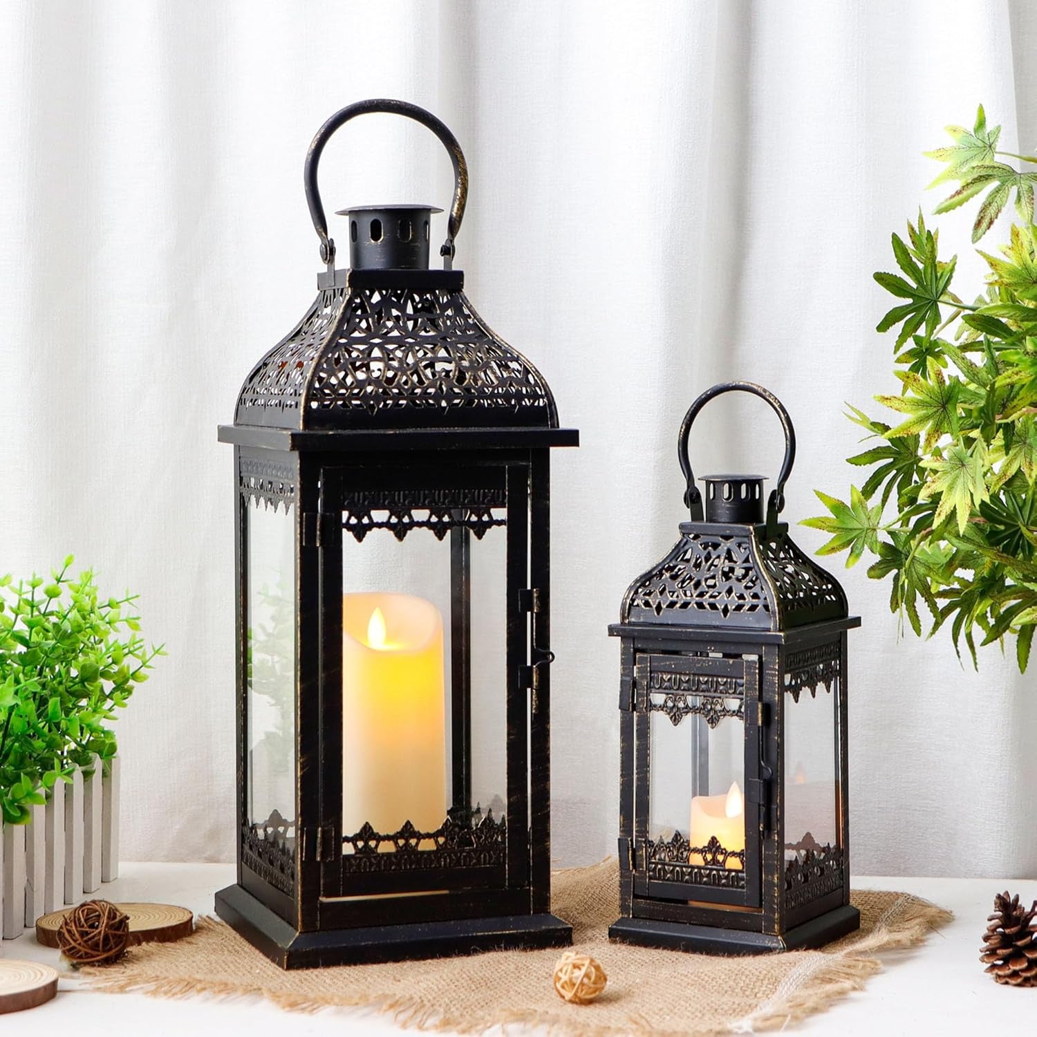 Set of Two Black Distressed Filigree Metal Tabletop Lantern Candle Holders-6