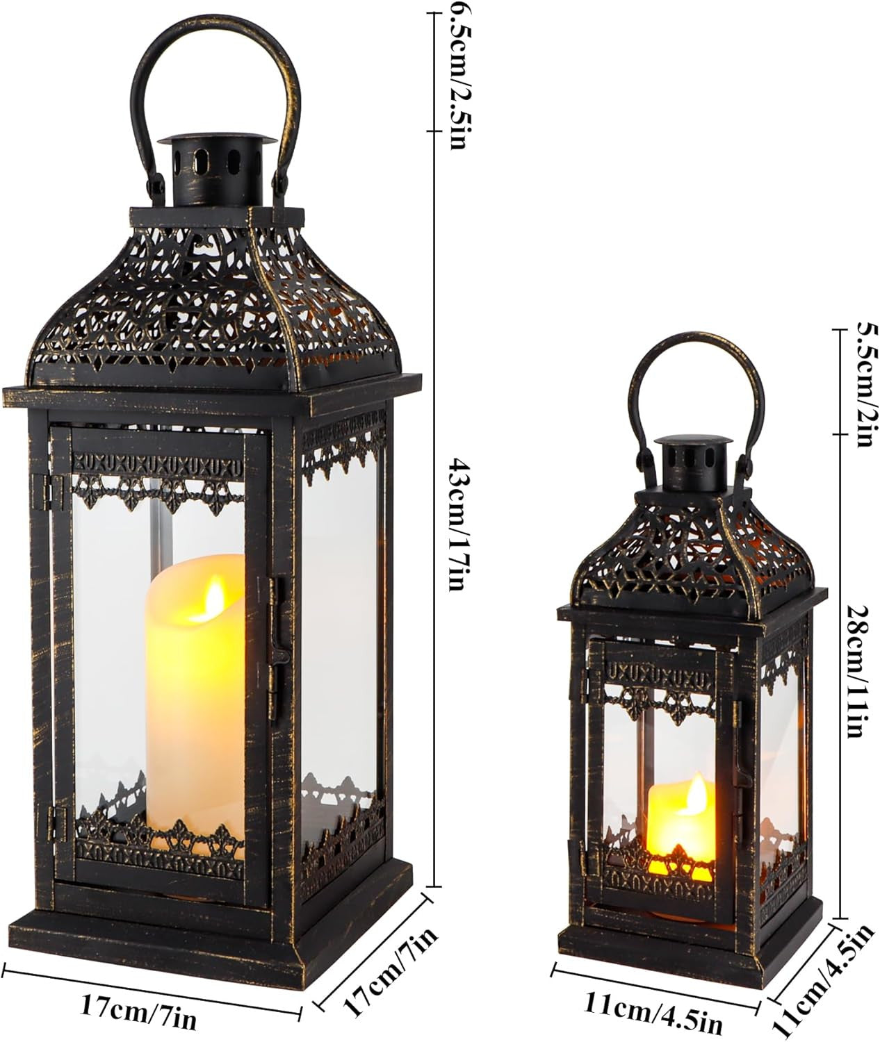 Set of Two Black Distressed Filigree Metal Tabletop Lantern Candle Holders-8