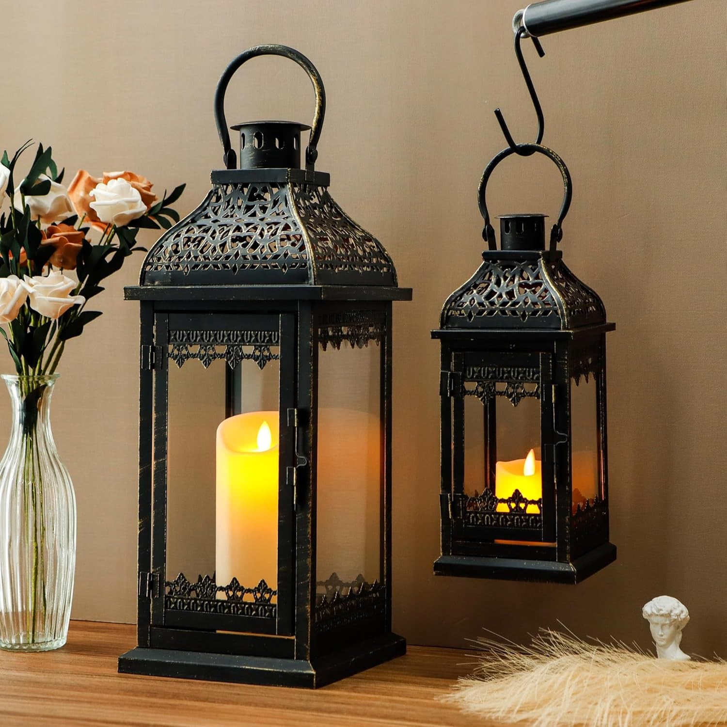 Set of Two Black Distressed Filigree Metal Tabletop Lantern Candle Holders-4