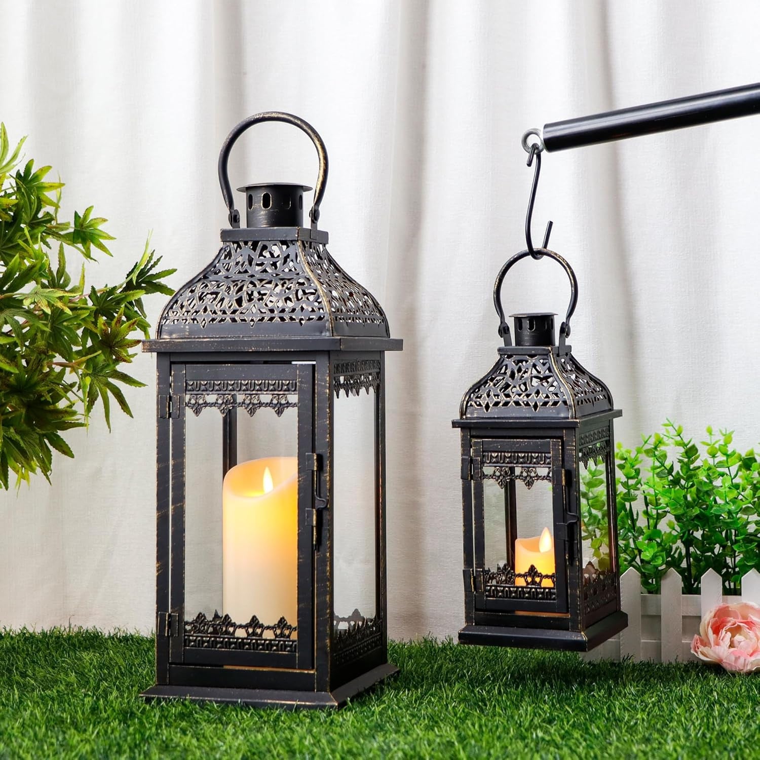 Set of Two Black Distressed Filigree Metal Tabletop Lantern Candle Holders-5