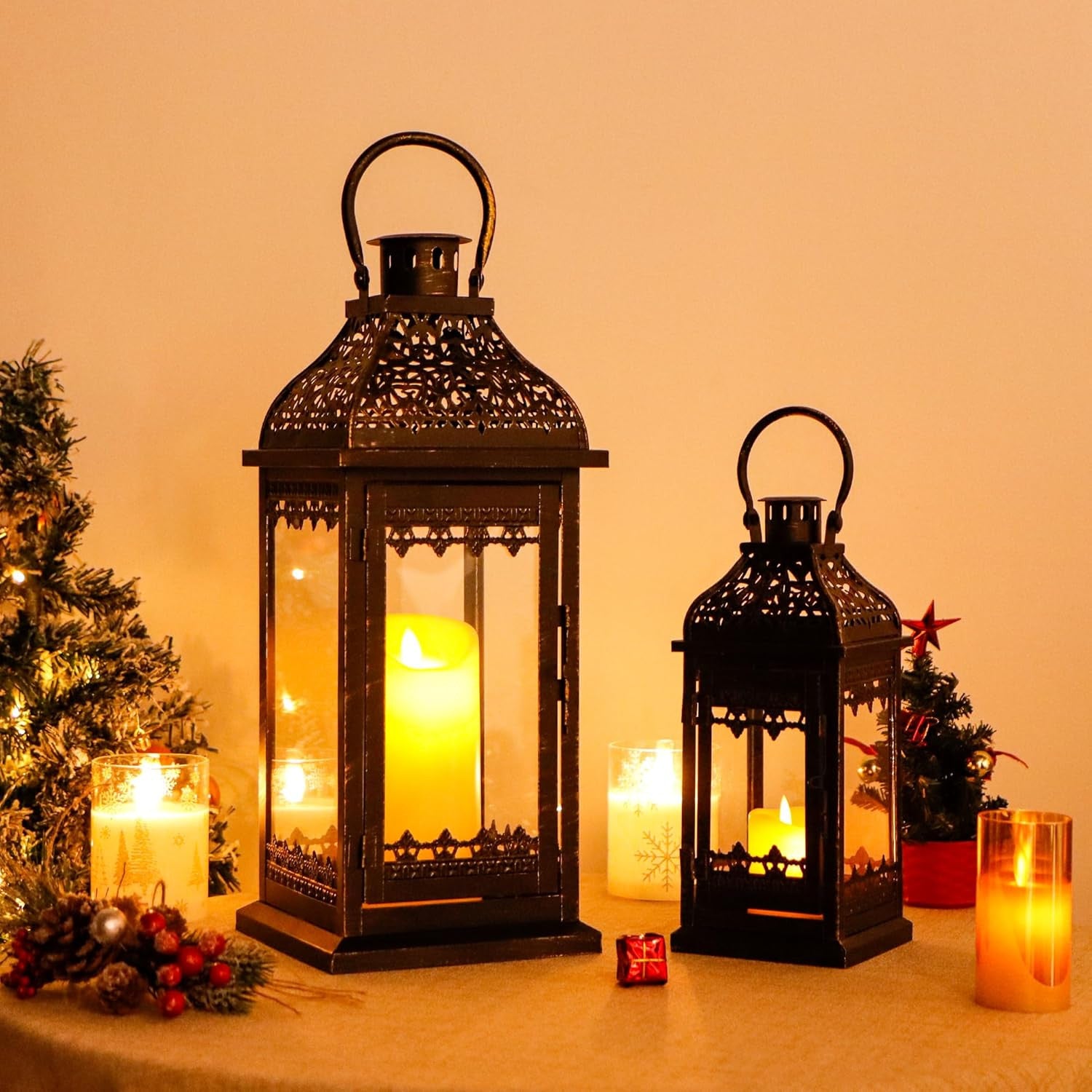 Set of Two Black Distressed Filigree Metal Tabletop Lantern Candle Holders-7