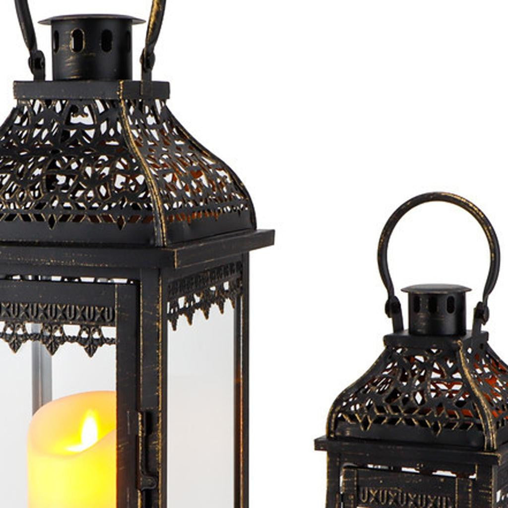 Set of Two Black Distressed Filigree Metal Tabletop Lantern Candle Holders-2