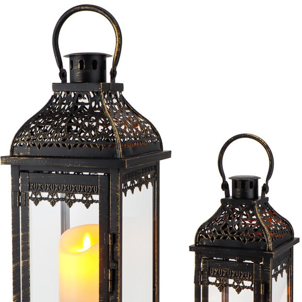 Set of Two Black Distressed Filigree Metal Tabletop Lantern Candle Holders-3