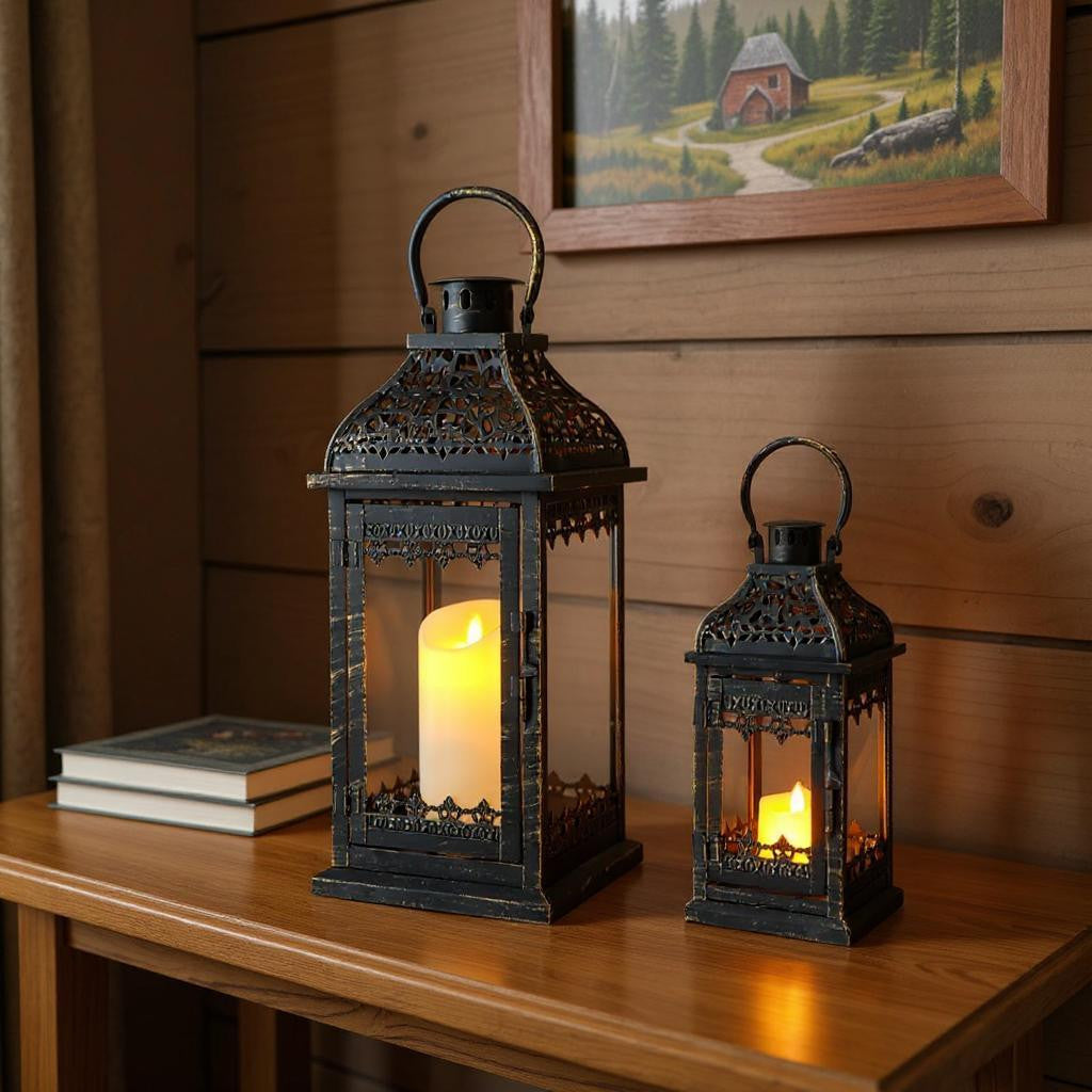 Set of Two Black Distressed Filigree Metal Tabletop Lantern Candle Holders-0