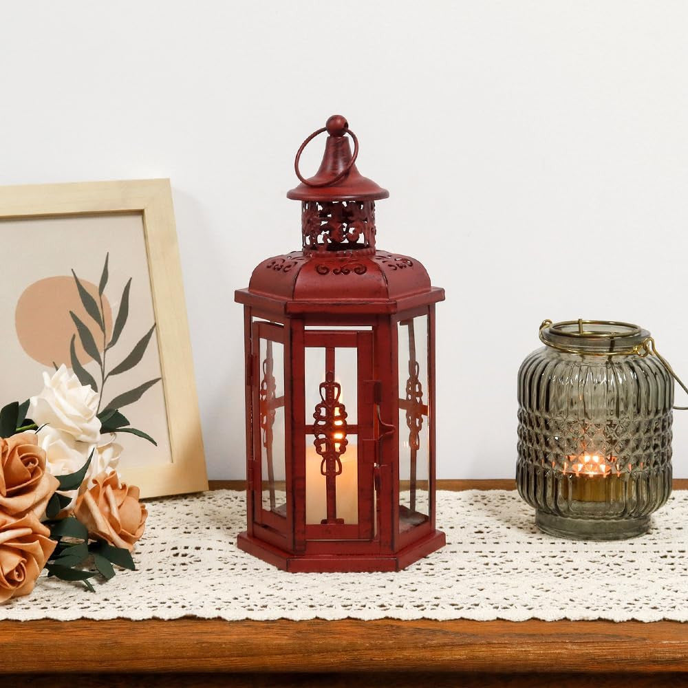 10" Red Distressed Filigree Metal Tabletop Lantern Candle Holder-Candle Holders-DECOROLALA
