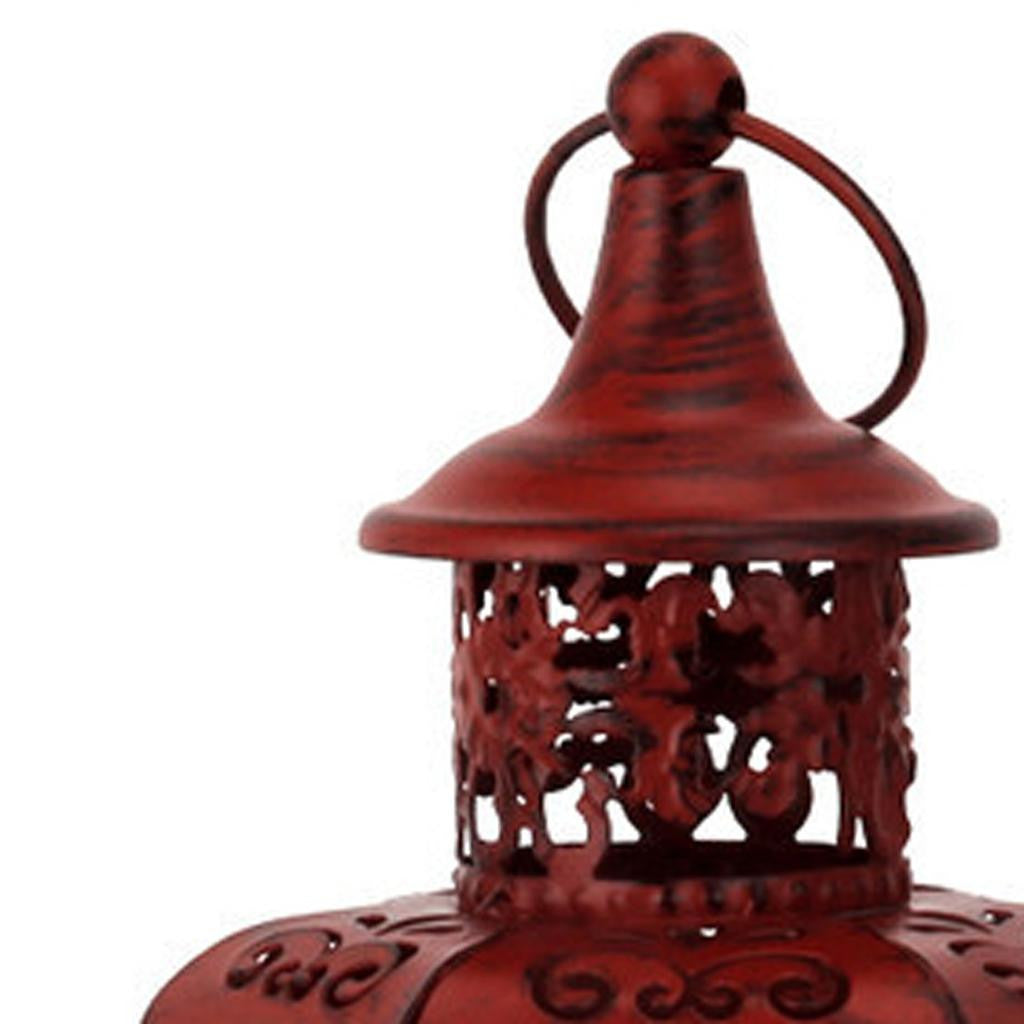 10" Red Distressed Filigree Metal Tabletop Lantern Candle Holder-Candle Holders-DECOROLALA