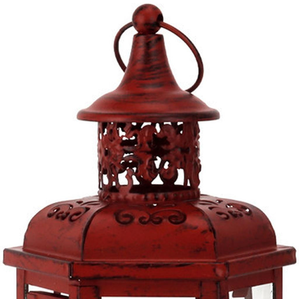 10" Red Distressed Filigree Metal Tabletop Lantern Candle Holder-Candle Holders-DECOROLALA