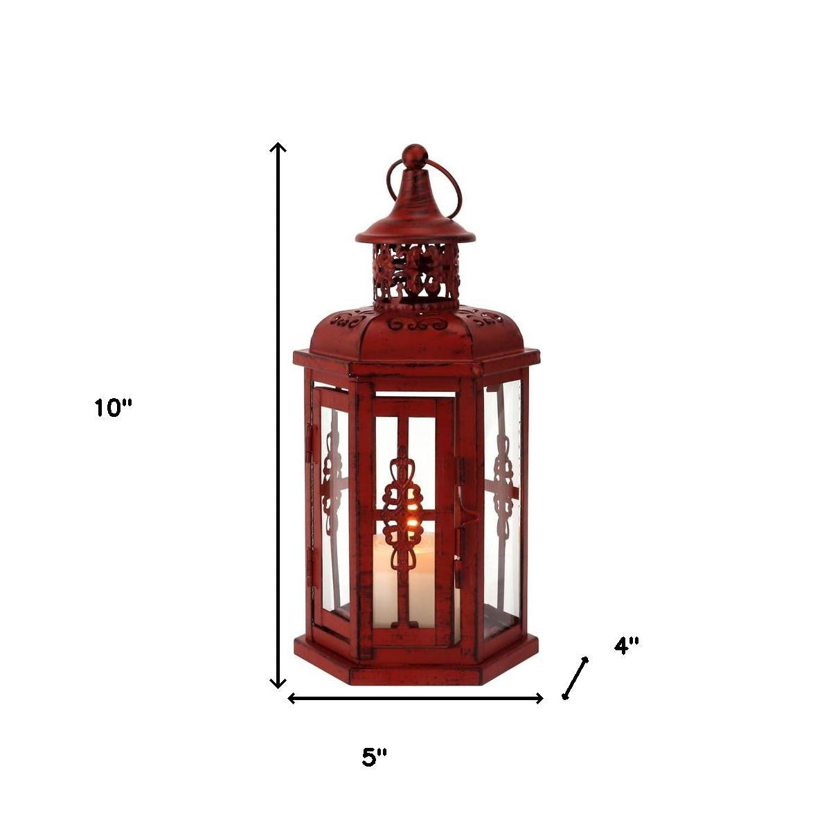 10" Red Distressed Filigree Metal Tabletop Lantern Candle Holder-Candle Holders-DECOROLALA