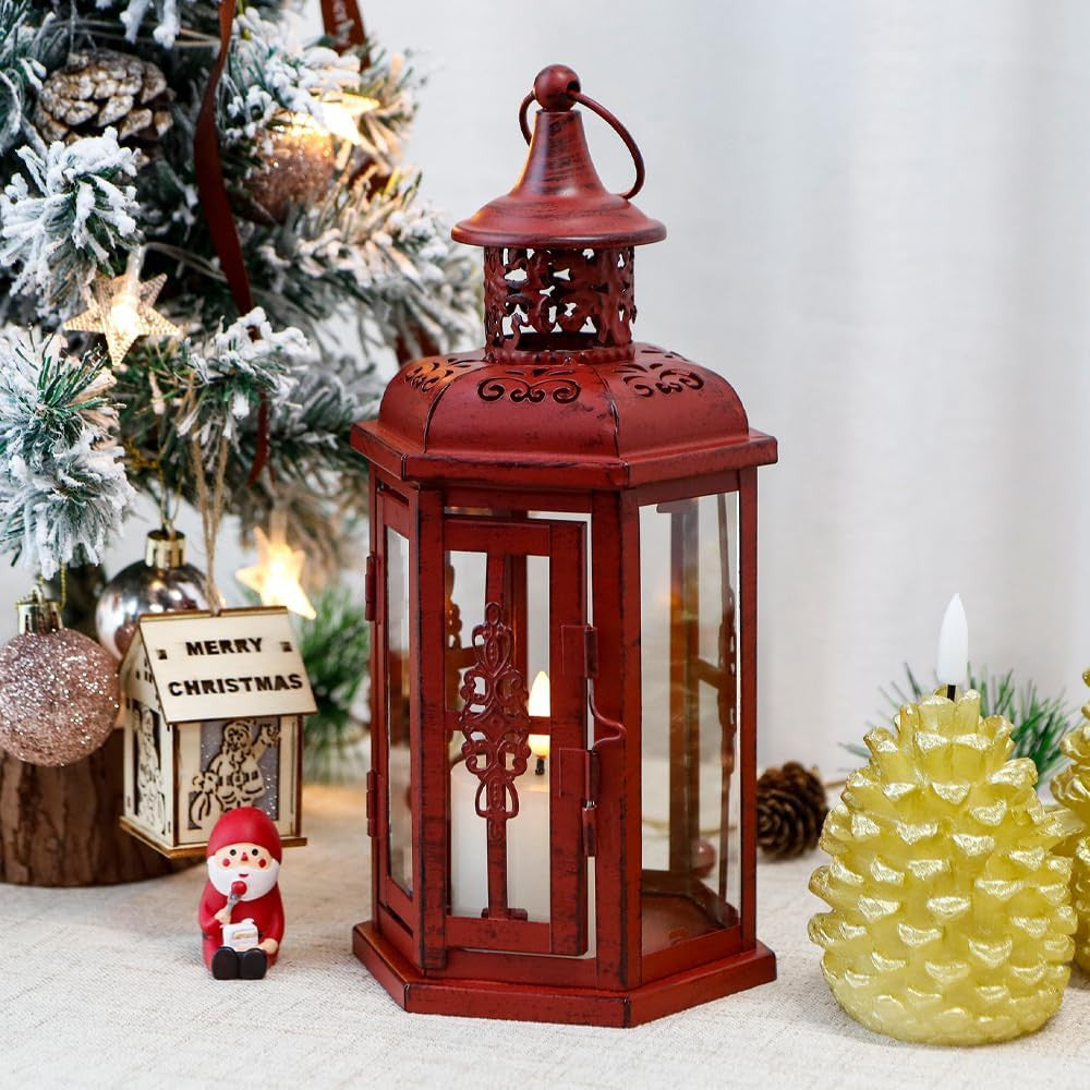 10" Red Distressed Filigree Metal Tabletop Lantern Candle Holder-Candle Holders-DECOROLALA