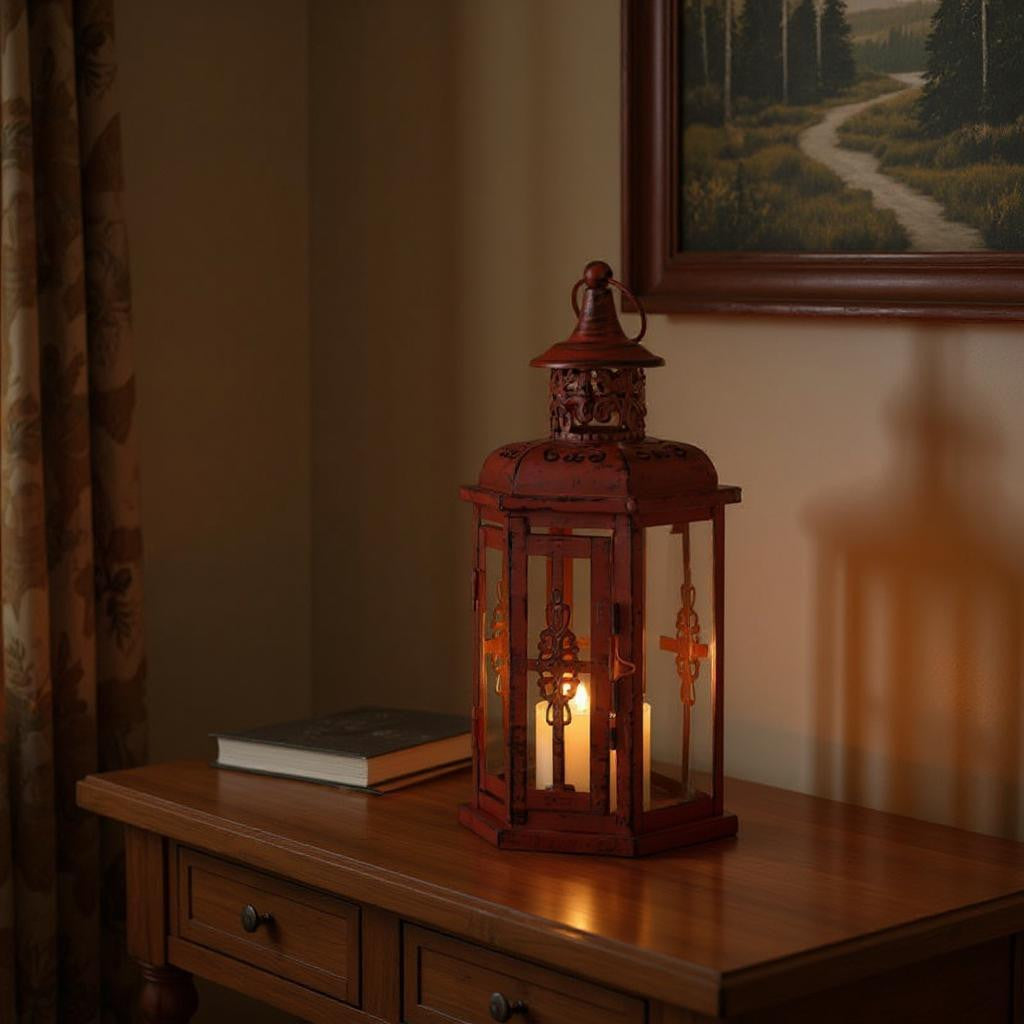 10" Red Distressed Filigree Metal Tabletop Lantern Candle Holder-Candle Holders-DECOROLALA