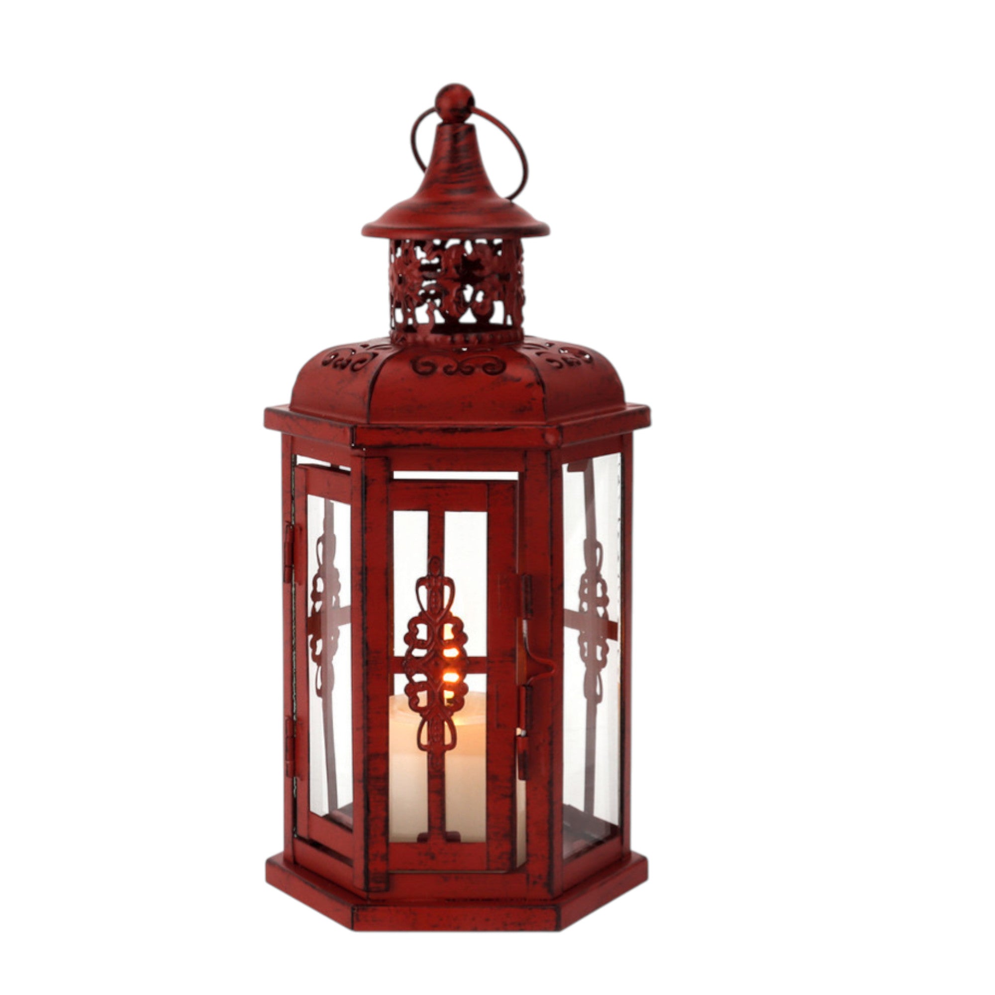 10" Red Distressed Filigree Metal Tabletop Lantern Candle Holder-Candle Holders-DECOROLALA