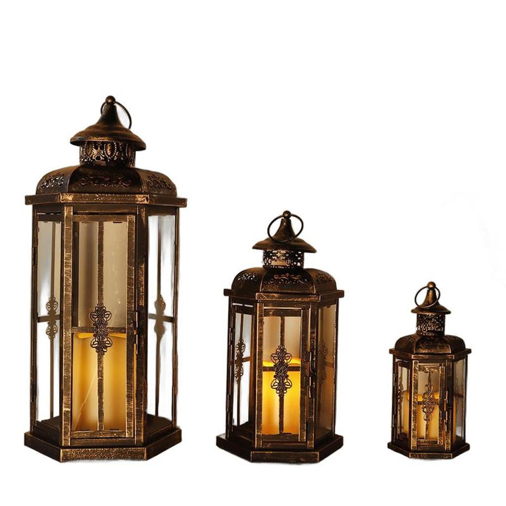 Set of Three Black And Gold Distressed Filigree Metal Tabletop Lantern Candle Holders-1