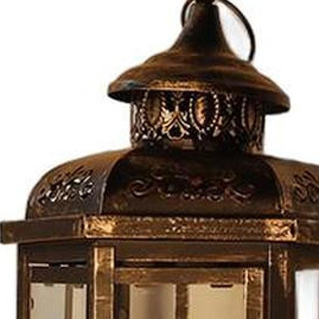 Set of Three Black And Gold Distressed Filigree Metal Tabletop Lantern Candle Holders-2