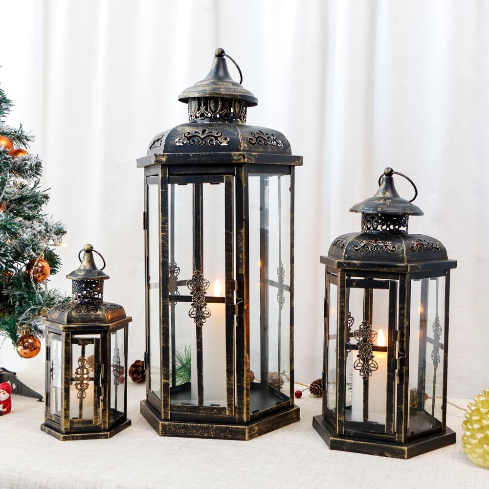 Set of Three Black And Gold Distressed Filigree Metal Tabletop Lantern Candle Holders-4