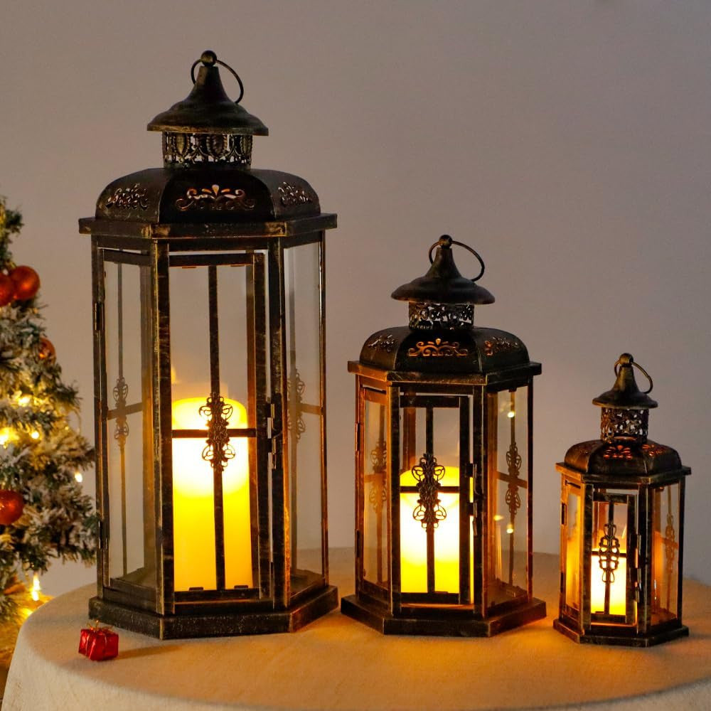 Set of Three Black And Gold Distressed Filigree Metal Tabletop Lantern Candle Holders-5