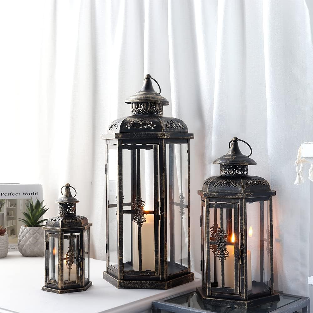 Set of Three Black And Gold Distressed Filigree Metal Tabletop Lantern Candle Holders-6