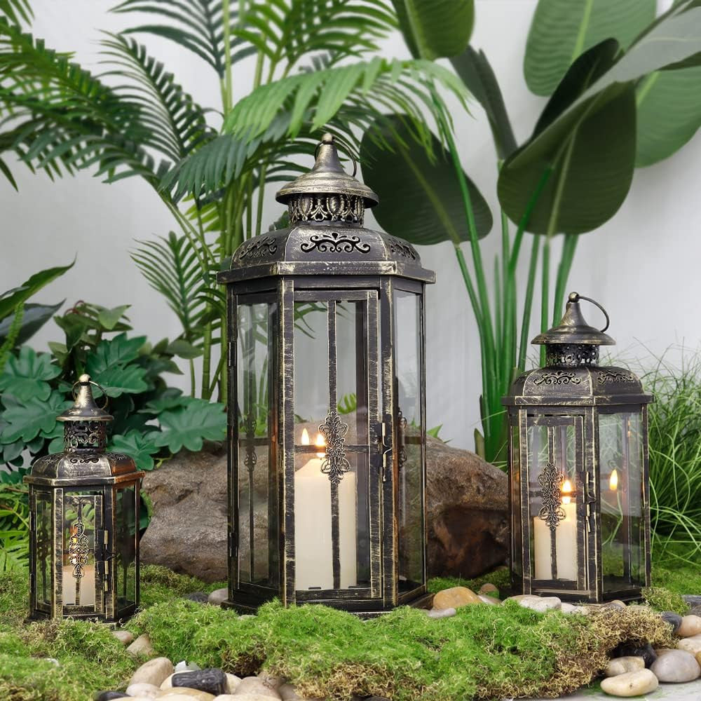 Set of Three Black And Gold Distressed Filigree Metal Tabletop Lantern Candle Holders-7