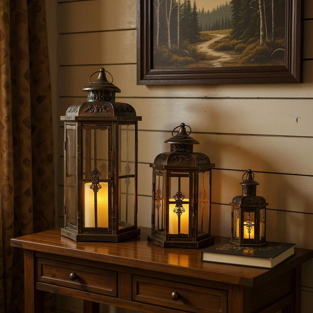 Set of Three Black And Gold Distressed Filigree Metal Tabletop Lantern Candle Holders-0