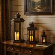 Set of Three Black And Gold Distressed Filigree Metal Tabletop Lantern Candle Holders-0