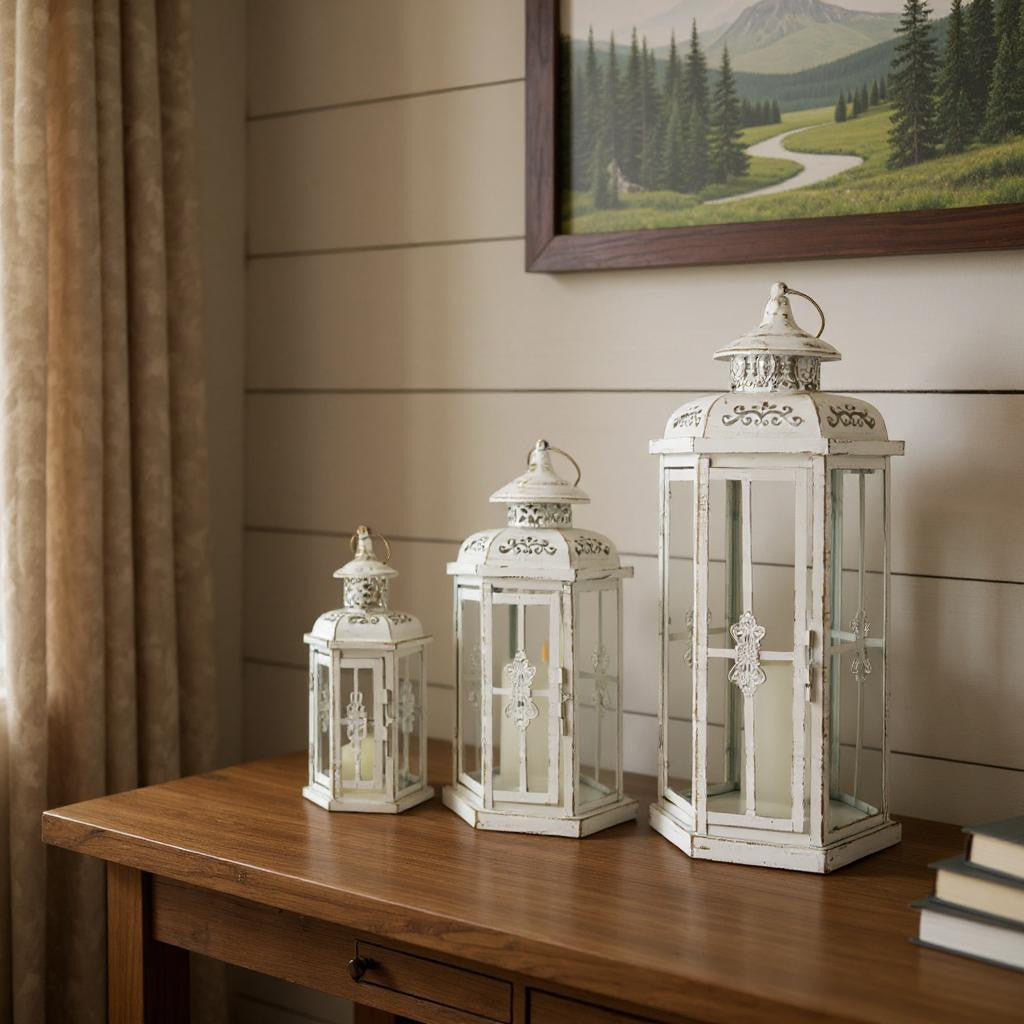 Set of Three White Distressed Filigree Metal Tabletop Lantern Candle Holders-0