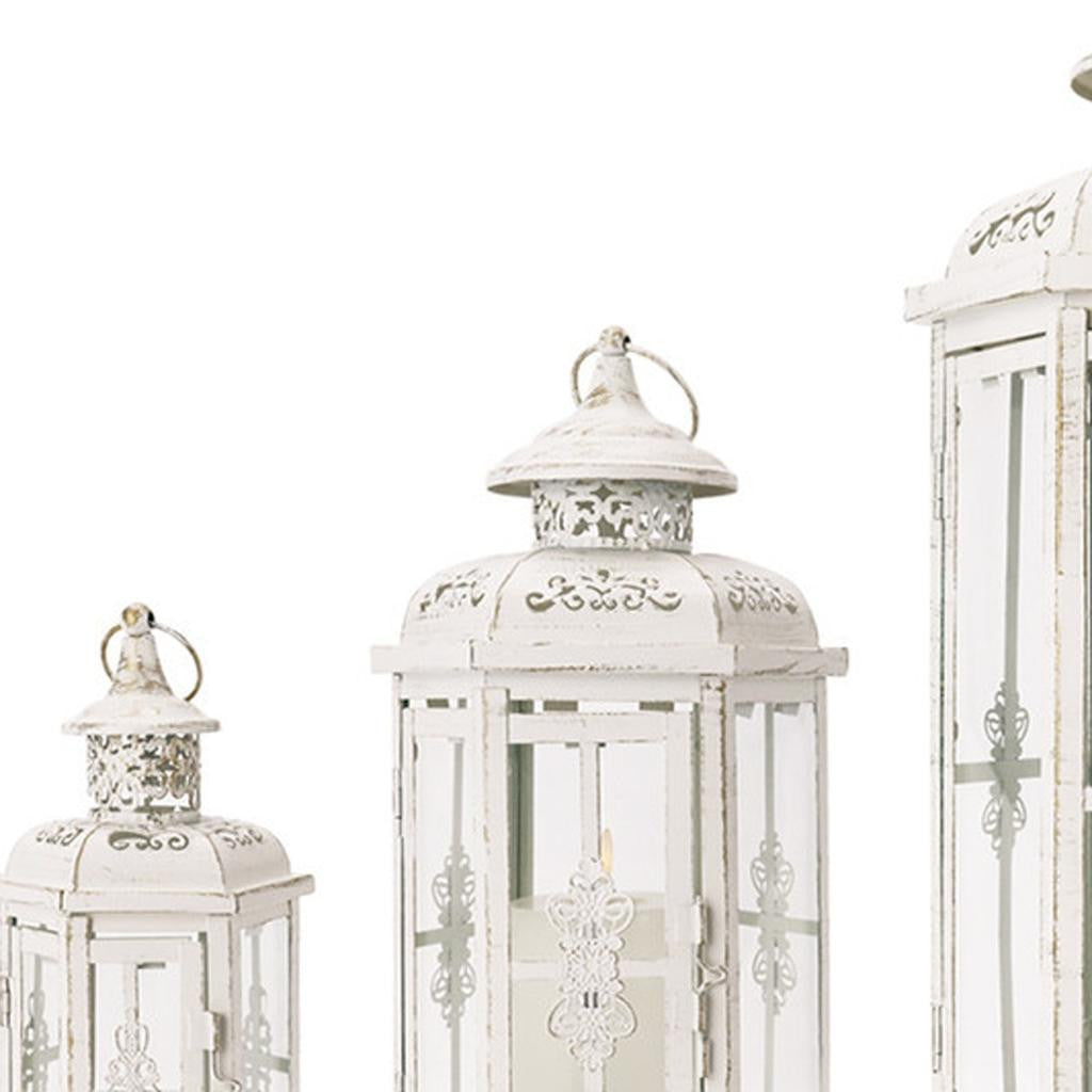 Set of Three White Distressed Filigree Metal Tabletop Lantern Candle Holders-3