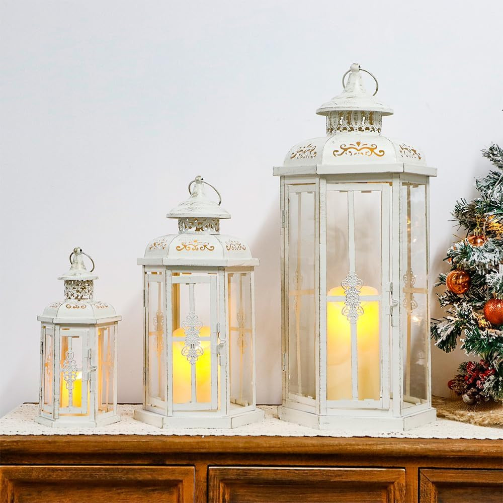 Set of Three White Distressed Filigree Metal Tabletop Lantern Candle Holders-4