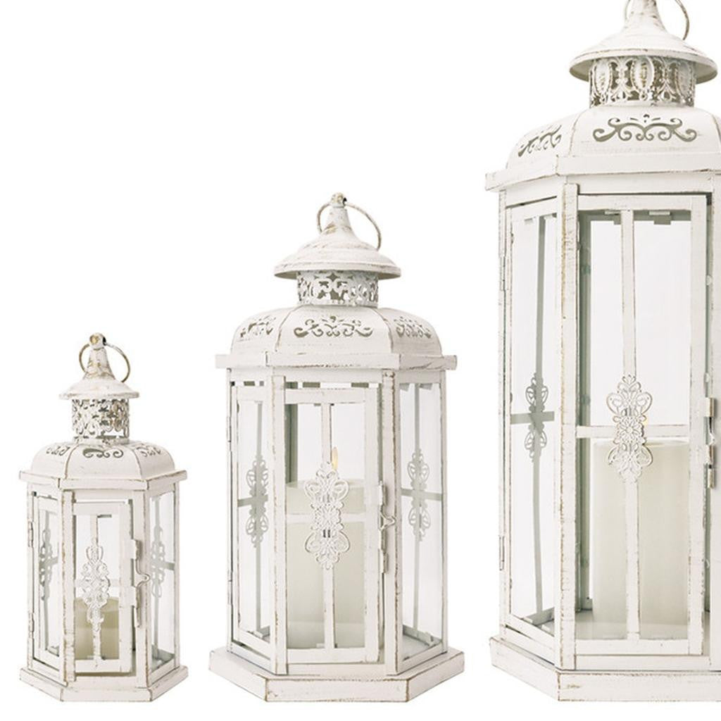 Set of Three White Distressed Filigree Metal Tabletop Lantern Candle Holders-2