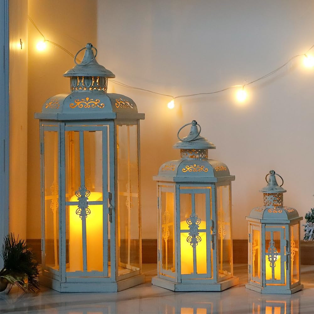 Set of Three White Distressed Filigree Metal Tabletop Lantern Candle Holders-5