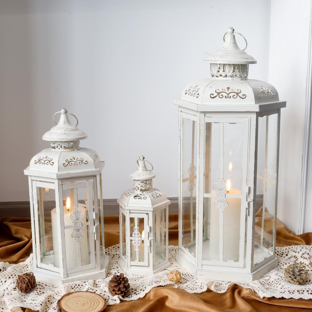 Set of Three White Distressed Filigree Metal Tabletop Lantern Candle Holders-6