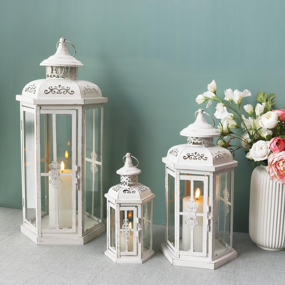 Set of Three White Distressed Filigree Metal Tabletop Lantern Candle Holders-7