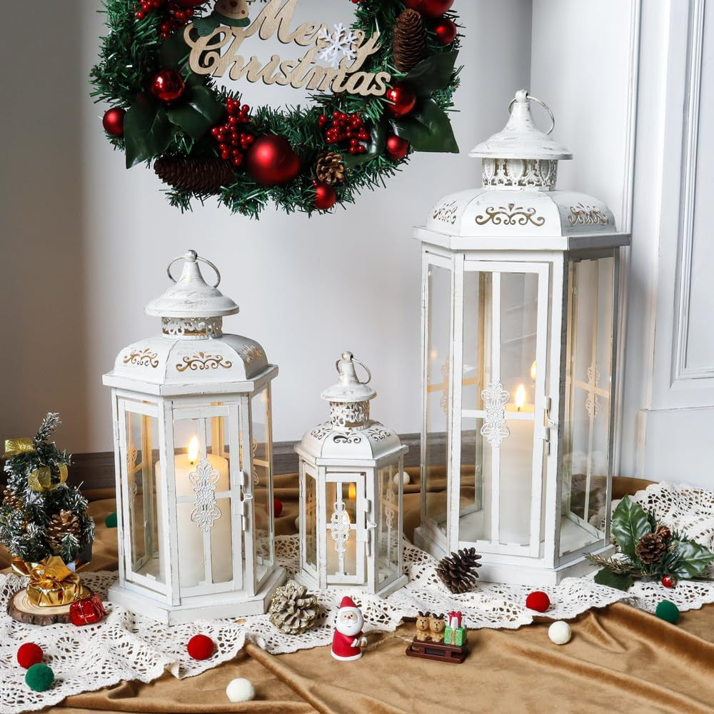 Set of Three White Distressed Filigree Metal Tabletop Lantern Candle Holders-8