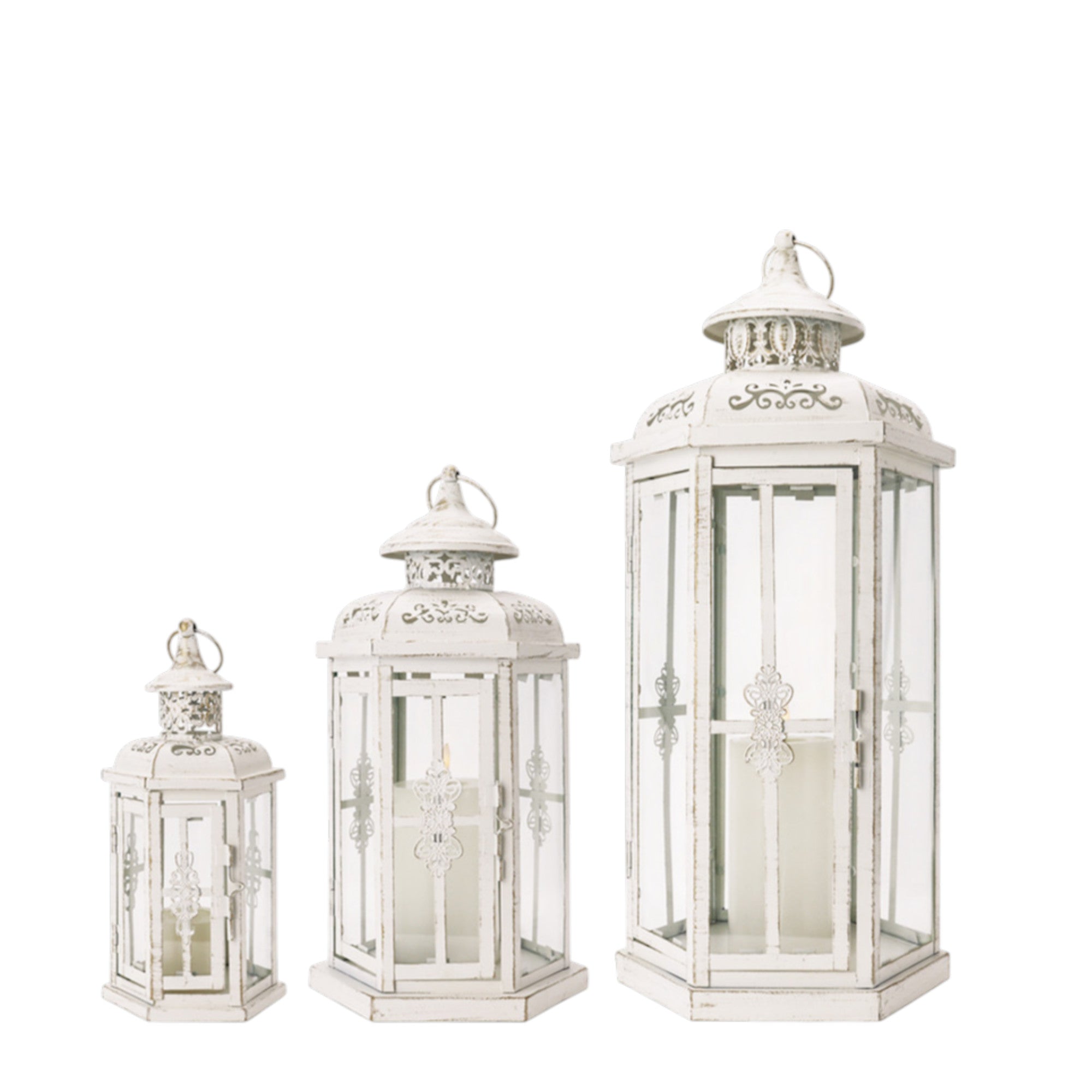 Set of Three White Distressed Filigree Metal Tabletop Lantern Candle Holders-1