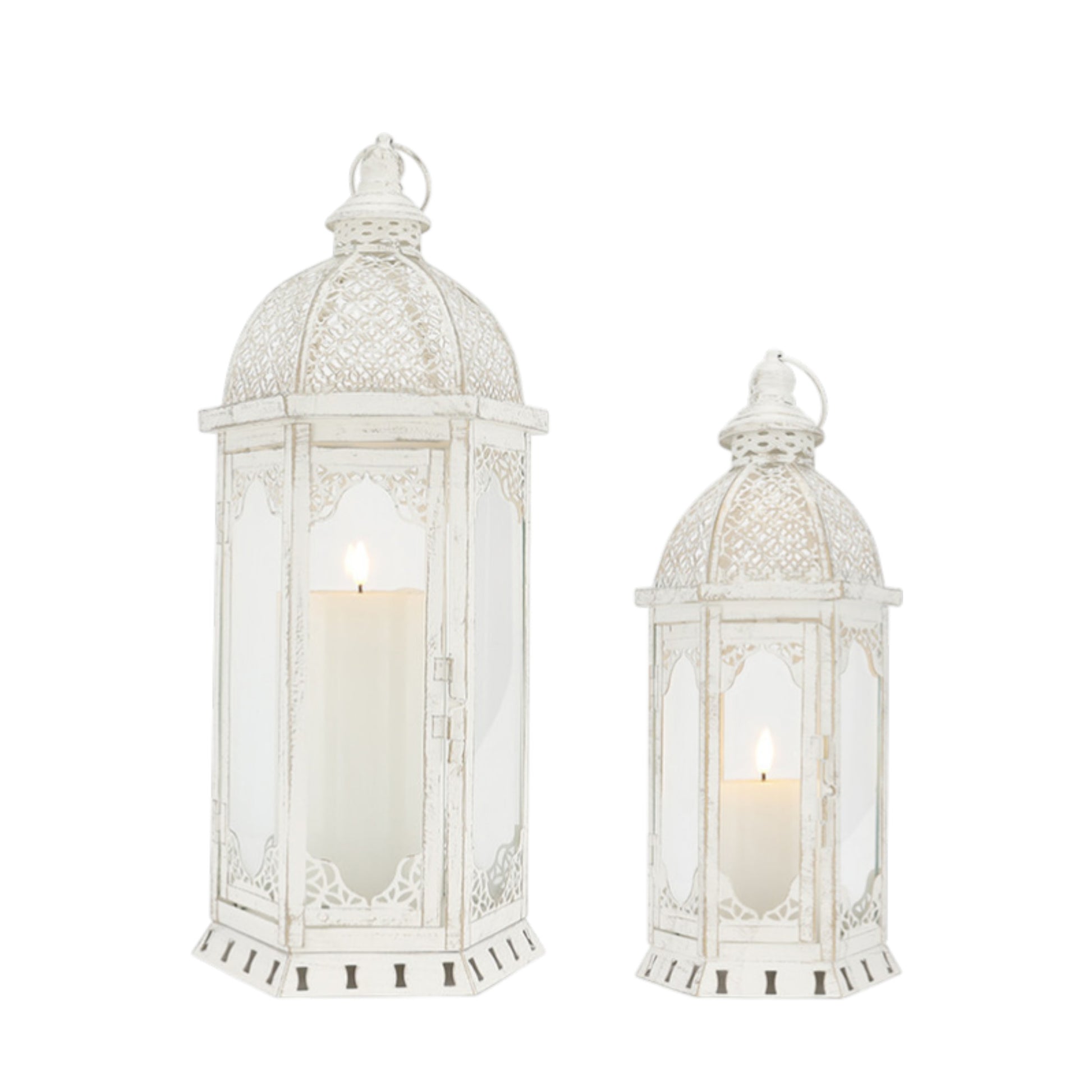 Set of Two White Distressed Ornate Metal Tabletop Lantern Candle Holders-1