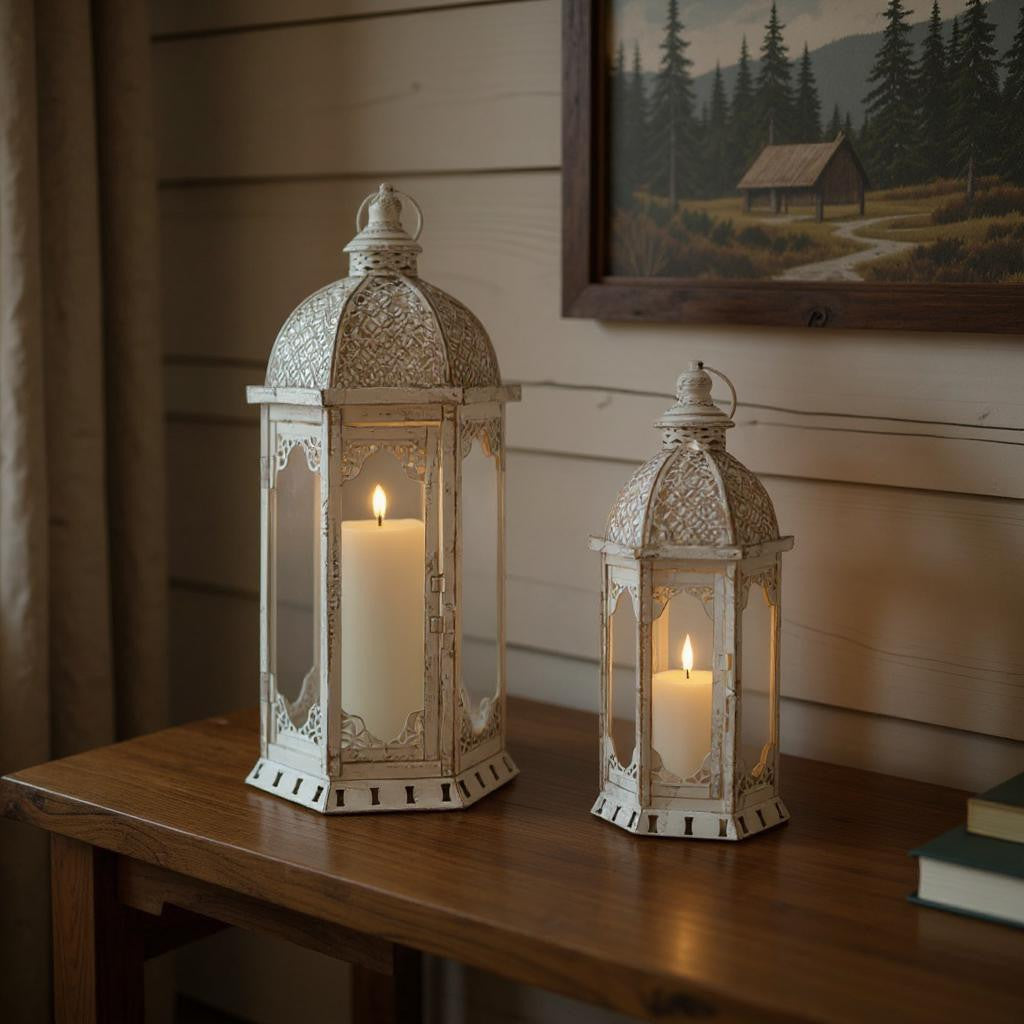 Set of Two White Distressed Ornate Metal Tabletop Lantern Candle Holders-0