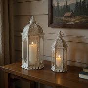 Set of Two White Distressed Ornate Metal Tabletop Lantern Candle Holders-0