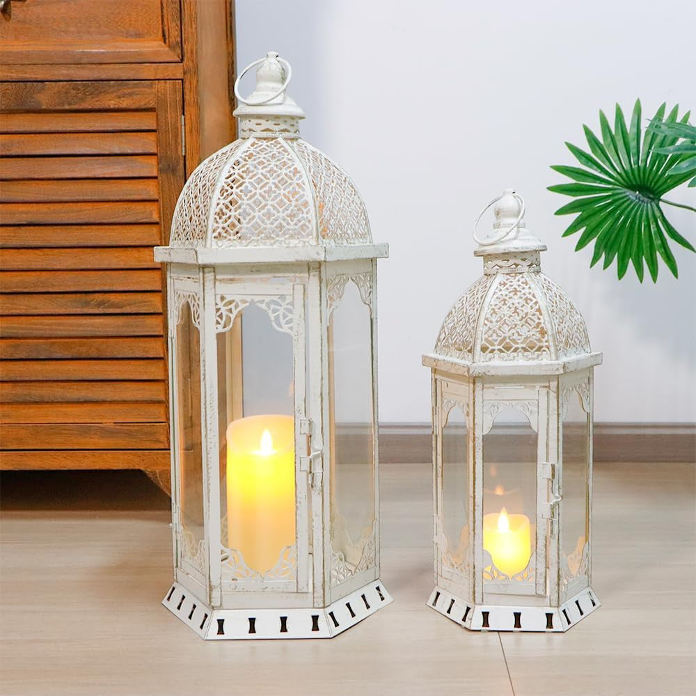 Set of Two White Distressed Ornate Metal Tabletop Lantern Candle Holders-4