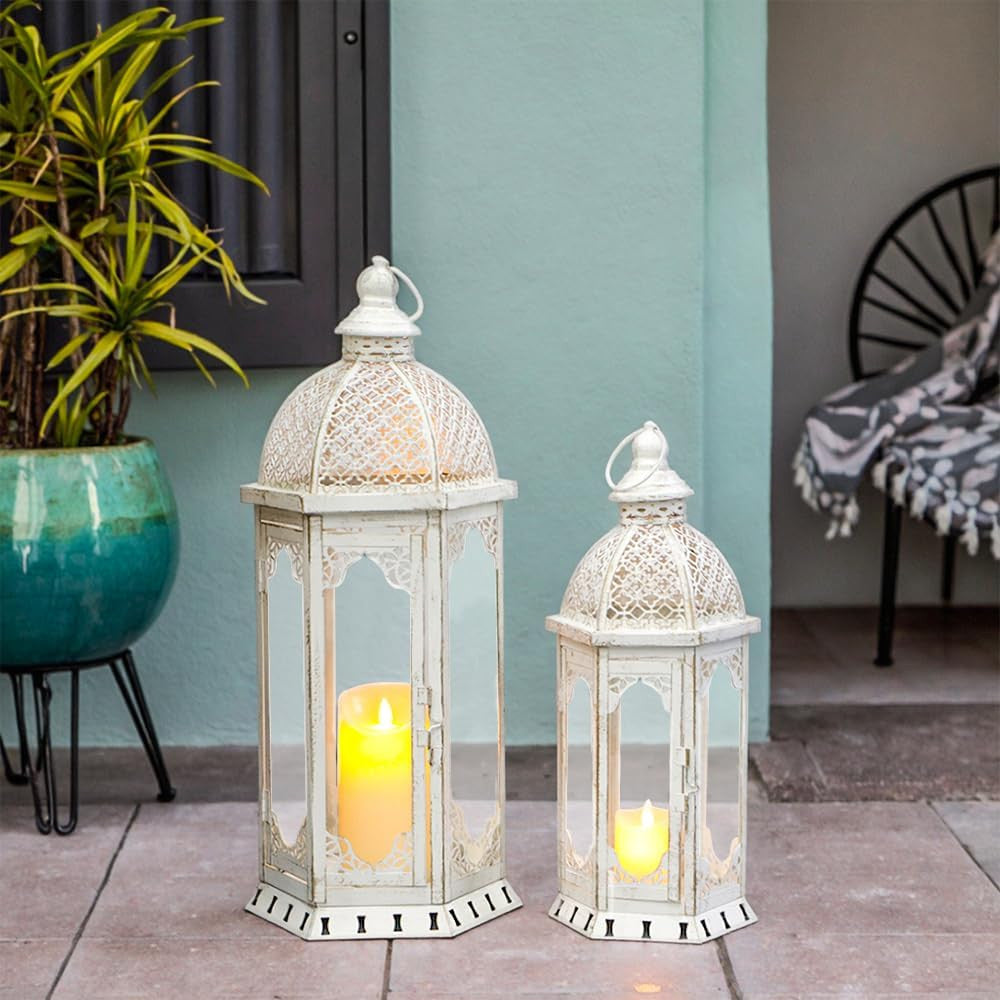 Set of Two White Distressed Ornate Metal Tabletop Lantern Candle Holders-7