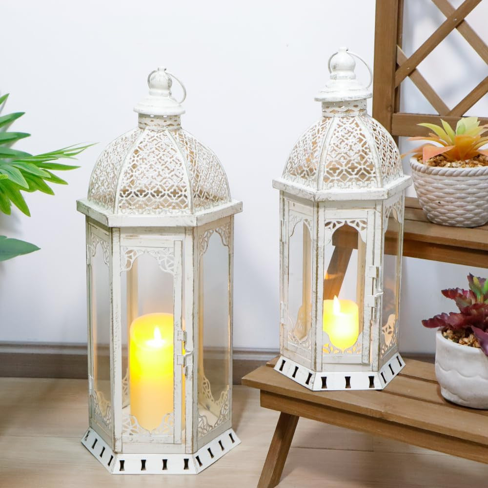 Set of Two White Distressed Ornate Metal Tabletop Lantern Candle Holders-8
