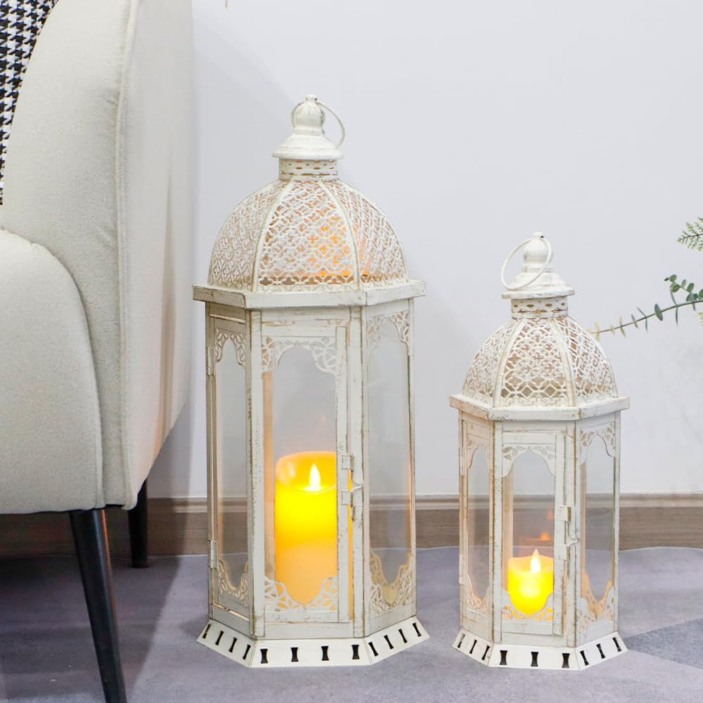 Set of Two White Distressed Ornate Metal Tabletop Lantern Candle Holders-5