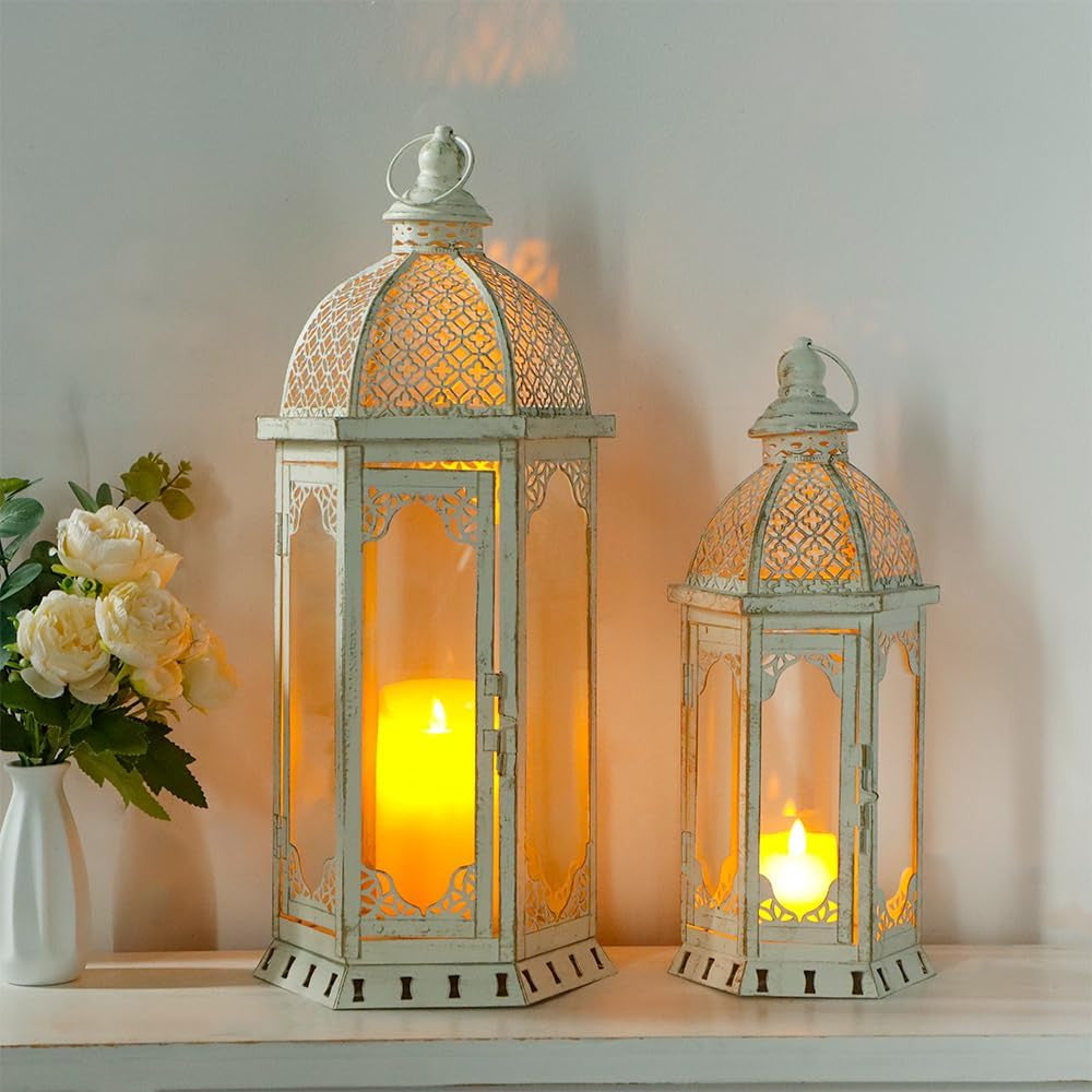 Set of Two White Distressed Ornate Metal Tabletop Lantern Candle Holders-6