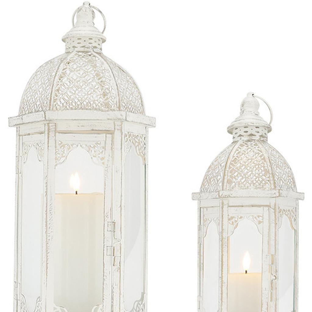 Set of Two White Distressed Ornate Metal Tabletop Lantern Candle Holders-3