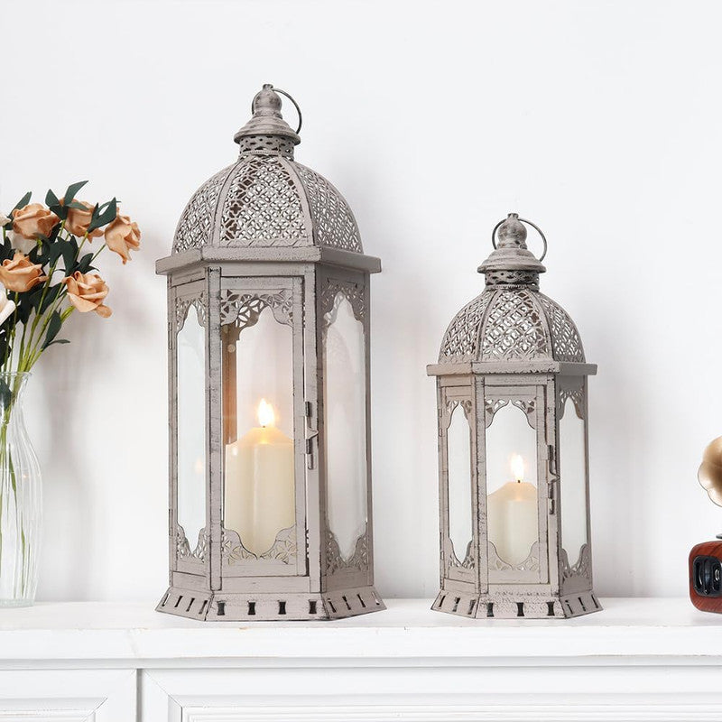 Set of Two Light Gray Distressed Ornate Metal Tabletop Lantern Candle Holders-7