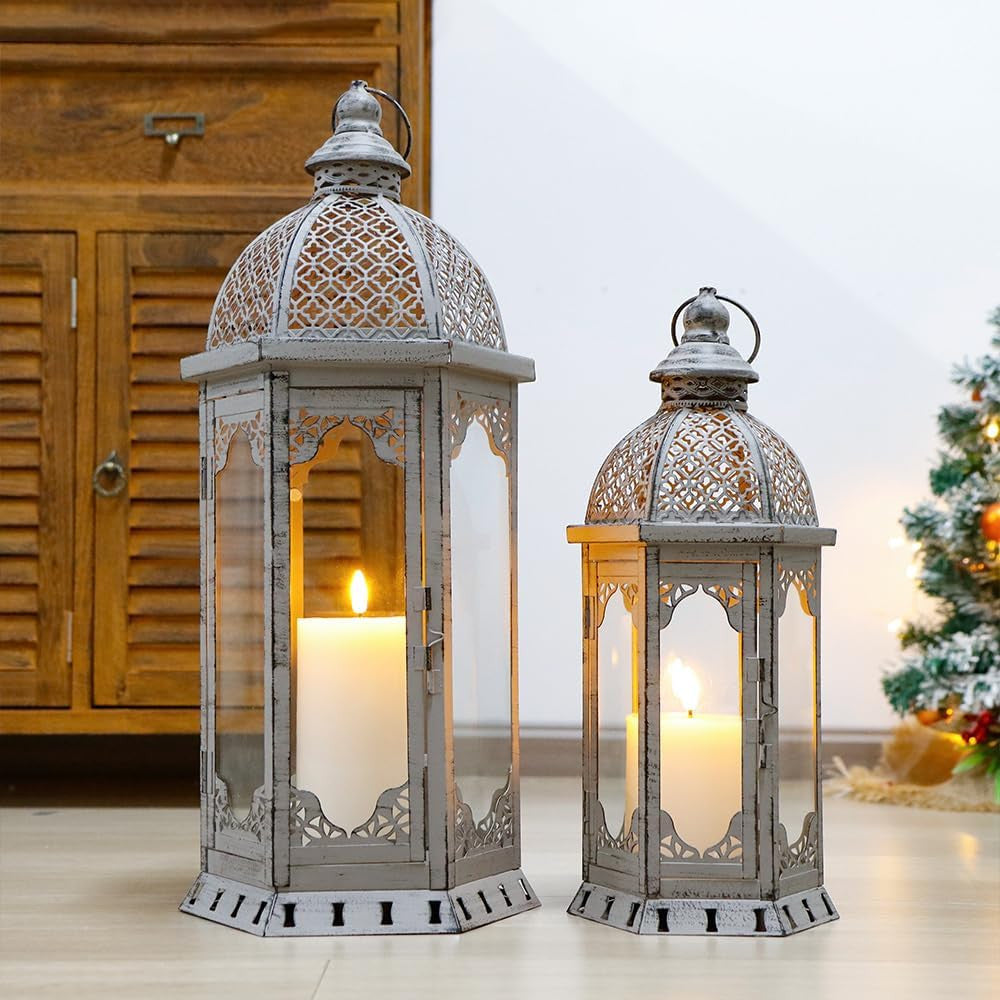Set of Two Light Gray Distressed Ornate Metal Tabletop Lantern Candle Holders-4