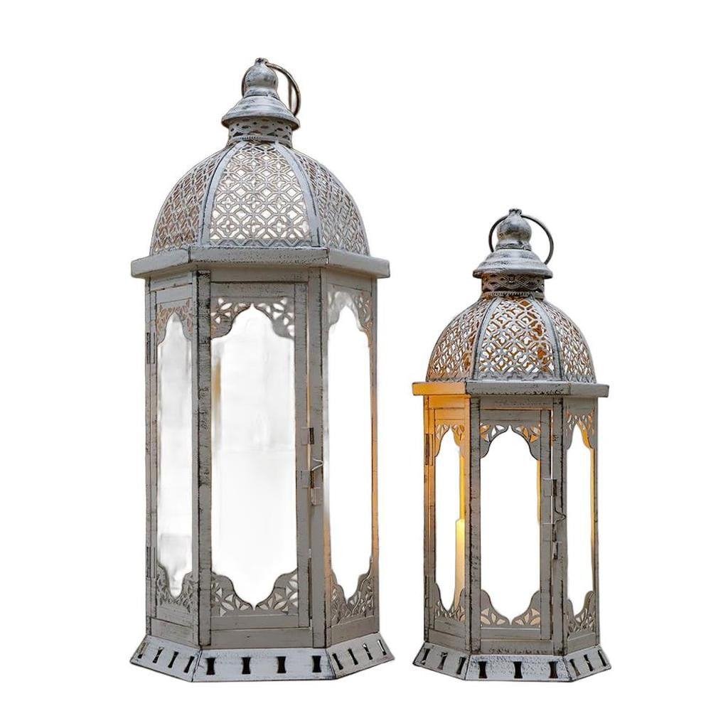 Set of Two Light Gray Distressed Ornate Metal Tabletop Lantern Candle Holders-2