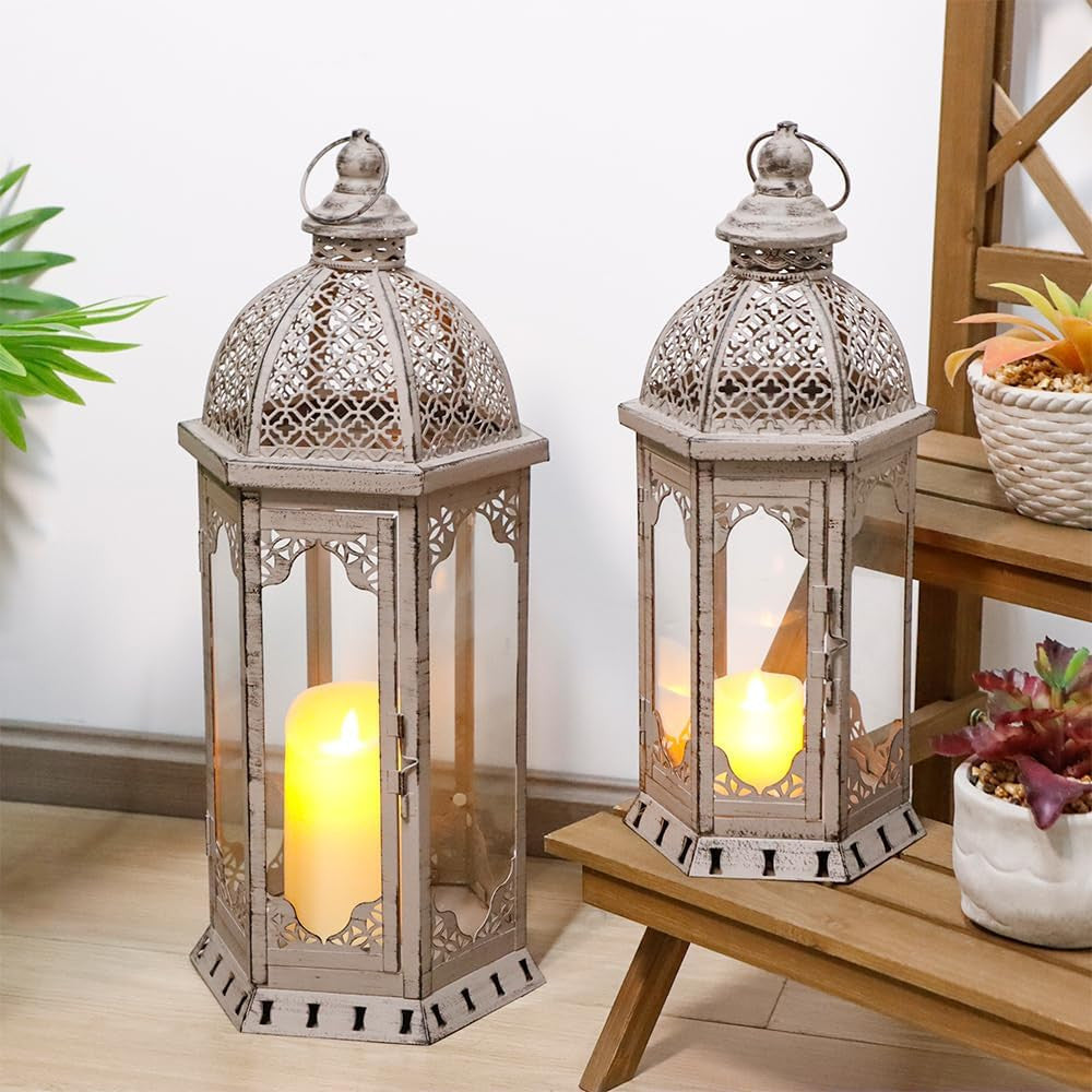 Set of Two Light Gray Distressed Ornate Metal Tabletop Lantern Candle Holders-8